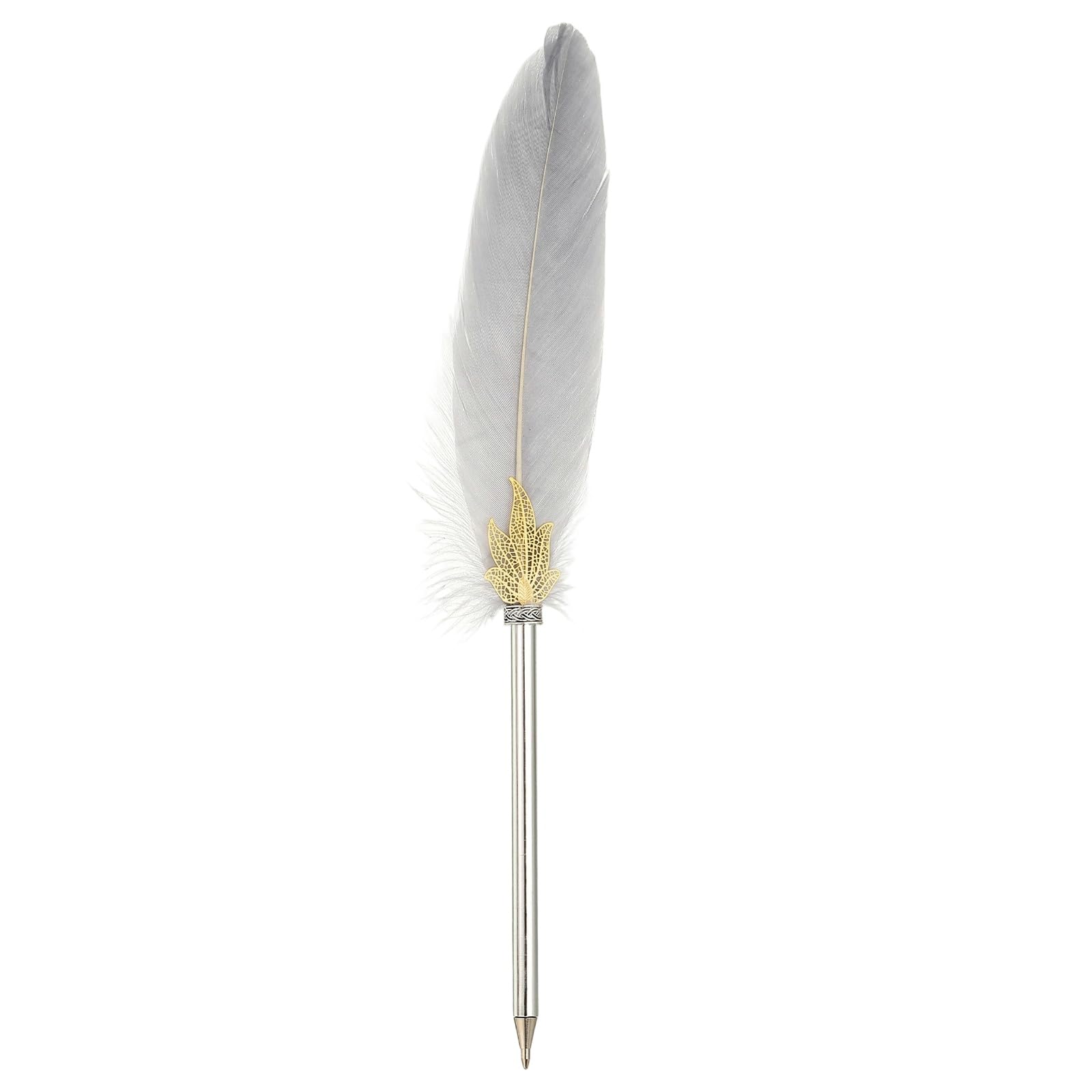 PATIKIL Feather Ballpoint Pens Bulk, Black Ink Vintage Plated Rod Quill Writing Pens for Office Wedding Guest Signature Gift, Gray
