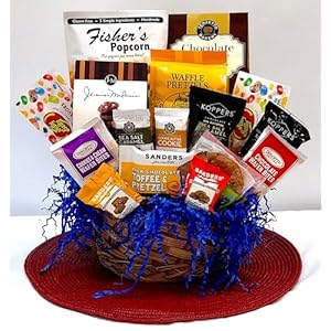 Gourmet Gift Basket for Women, Kids, Clients, Birthday, Sympathy, Holidays – with Assorted Chocolate, Cookies, Snacks, and More – Beautifully Wrapped and Presented with Double Bow (12 Piece)