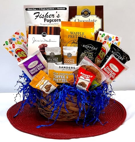 Gourmet Gift Basket for Women, Kids, Clients, Birthday, Sympathy, Holidays - with Assorted Chocolate, Cookies, Snacks, and More - Beautifully Wrapped and Presented with Double Bow (12 Piece)