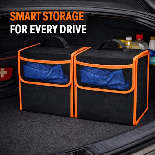 Image of JVCV Car Trunk Organizer Storage Bag with Mesh Pocket | Foldable Boot Storage Box | Durable Black Organizer | 29x30x17 cm | Multipurpose Car Storage | Small - Black Orange
