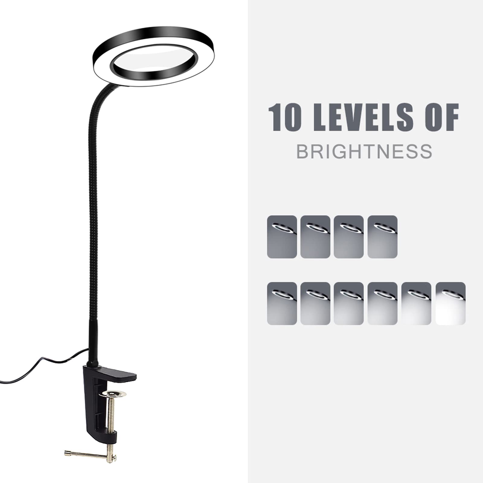 Lupa LED z zaciskiem świetlnym Lampa biurkowa 3 tryby i 11 przyciemnień Duża soczewka lupy i elastyczne ramiona na gęsiej szyi 360° charitable