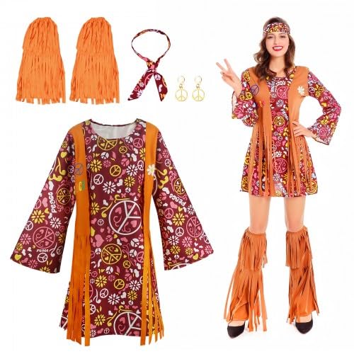 Disfraz Hippie, Disfrazs Hippi para Mujer, Accesorios para Mujers y 70, Disfraze de Discoteca de los Años 70, Disfrazes de Halloween, Costumes Disfrazn Hippis, Disfrae Carnaval (XL)