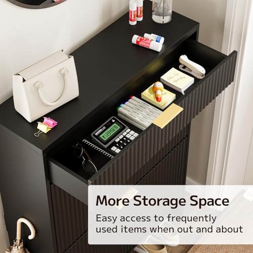 Image of Fluted Shoe Cabinet Storage with 2 Flip Drawers & 1 Drawers, Wood Narrow Hidden Shoe Cabinet for Entryway, Freestanding Slim Shoe Rack Organizer for Foyer Hallway Living Room(Black)