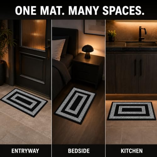 Image of Matz&More Greek Double Line Floor Mat | 40x60 CM | Black White | Nylon Tufted Gel Baking Anti-Slip | Doormat for Home Entrance, Kitchen & Bedroom