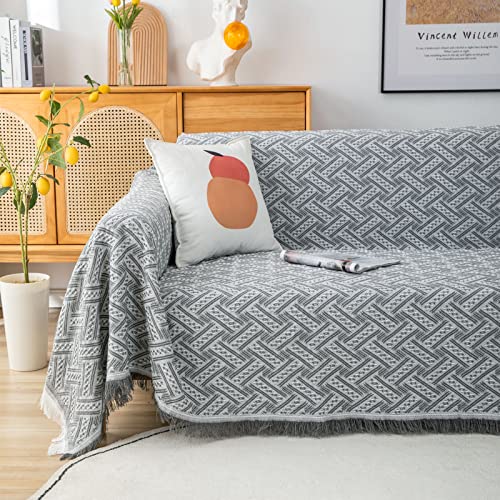 LHGOGO Sofa Überwurf aus Baumwolle | Waffle Jacquard Webart | Sofaüberwurf Decke als Couchbezug mit Fransen | Für Ecksofa, 2-Sitzer & als kuschelige Wohndecke, 180x230cm Hellgrau