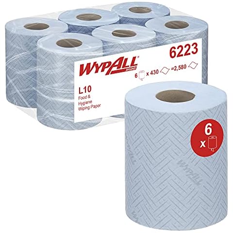 WypAll L10 Food & Hygiene Wiping Paper 6223 - 1 Ply Centrefeed Blue Roll - 6 Centrefeed Rolls x 430 Paper Wipes (2,580 total) Cover