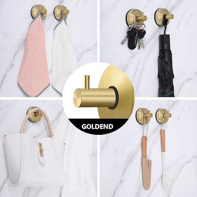 Suction Cup Hooks for Shower, Bathroom, Kitchen, Glass Door - Heavy Duty Gold Stainless Steel Towel Holder - Waterproof, No-Drill, 5kg Capacity (4-Pack)