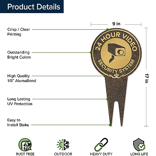 Image of 24-Hour, Video Security System Sign, 9x17, Heavy Duty Integrated Ground Stakes, Indoor /Outdoor Use, Rust Free Aluminum Composite, Made in USA by My Sign center