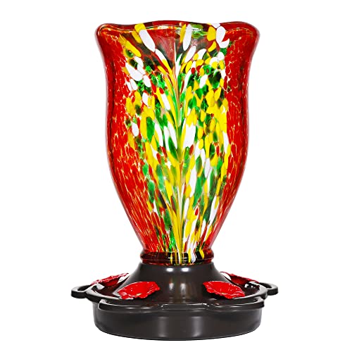 LUJII Hummingbird Feeders for Outdoors, Blown Glass Hummingbird Feeder for Outside Hanging with Ant Moat, Leak Proof & Anti Rust Metal Base, 25 fl.oz Capacity, Gifts for Bird Lovers or Gardeners, Red