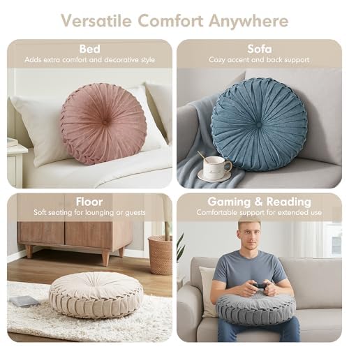 Intelligent Design Loretta Round Chenille Tufted Floor Pillow with Elegant Pleated Design, Large Boho & Vintage Decorative Throw Pillow for Sofa, Bed, or Chair, 22" x 6", Iovry