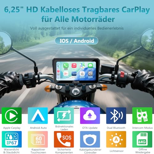 Carpuride W602S Pro Motorrad CarPlay Bildschirm mit BM05 für Plug-and-Play, Kabelloses CarPlay & Android Auto, 6,25\ Wasserdichter Touchscreen, OTA, Dual-Bluetooth, Intercom-Funktion, Kabel Controller