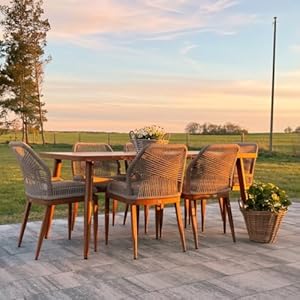 PURPLE LEAF Garten Essgruppe PE Rattan & Teak 7-teilig