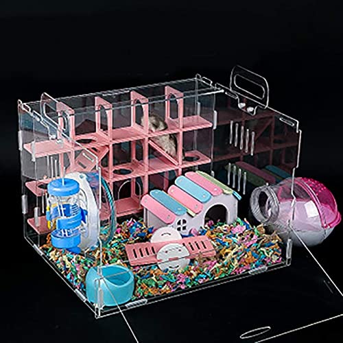 Nynelly Hamster Cage,Transparent Durable Small Animal Cage And Habitats House,Include Hamster Maze,Exercise Wheel, Water Bottle, Hamster Hideout, Food Bowl,Pink,13" L X 11.4" W X 11.4" H #TOP1