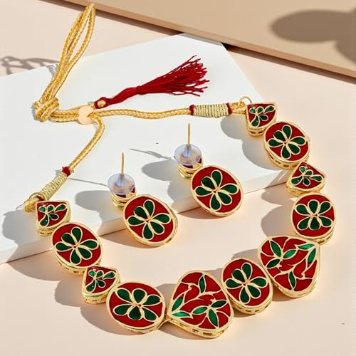 Image of Lucky Jewellery Back Meenakari 18k Gold Plated White Color Triangular Shape Earring Combo Jewellery Set Uncut Dibbi Kundan Choker Necklace for Girl's & Women
