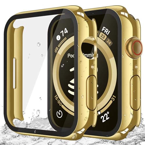 Image of Misxi [2 Pack] Waterproof Hard Case with Tempered Glass Compatible with Apple Watch Series 9 Series 8 Series 7 45mm, Ultra-Thin Cover for iWatch Screen Protector, 1 Gold + 1 Transparent