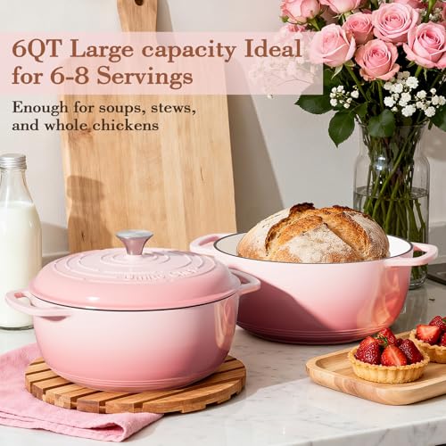 Image of Umite Chef 6QT Enameled Cast Iron Dutch Oven with Lid, Versatile Heavy-Duty Cookware Pot for Baking Bread, Braising, Soups & Stews, Oven & Stovetop Safe with Heat Resistant Gloves(Pink)