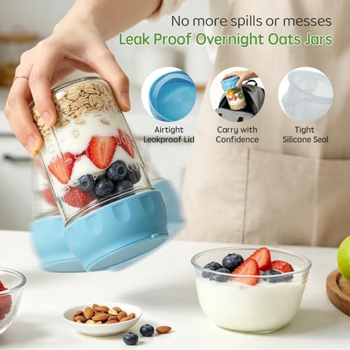 Image of Overnight Oats Containers with Lids & Spoon 4 Pack 16oz, Leak-Proof Glass Over night Oat Jars with Divided Compartments for Fruit & Nuts, Meal Prep Mason Jars for Oatmeal Yogurt Chia Seed Pudding