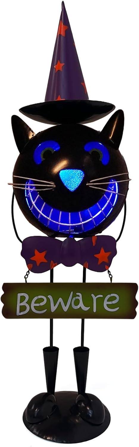 Solar Black Cat Halloween Decorations Outdoor- Black Cat Figurine with Witch Hat, 24 Inch Spooky Halloween Cat Decor with Color Change LED Lights