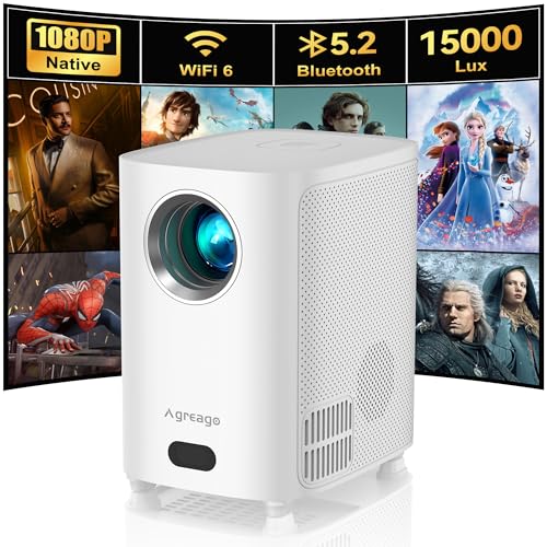 Projector with WiFi and Bluetooth, Native 1080P 15,000 Lumens 4K Supported, Agreago Outdoor Movie Projector for Home Theater UP to 300', for iOS/Android/Laptop/TV Stick/HDMI/USB