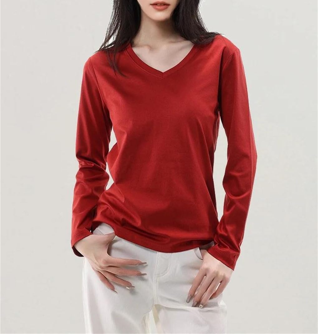 Women Solid T Shirts Cotton Blend Plain O Neck Long Sleeved Tee Basic Top White Black
