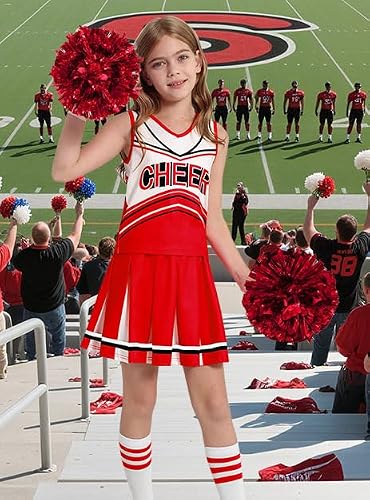 Cheerleader Costume for Girls 6-12 Years 7Pcs Cheer Uniform Set with Pom Poms Hair Bows Socks Cheerleading Outfit for School Sports Halloween Party