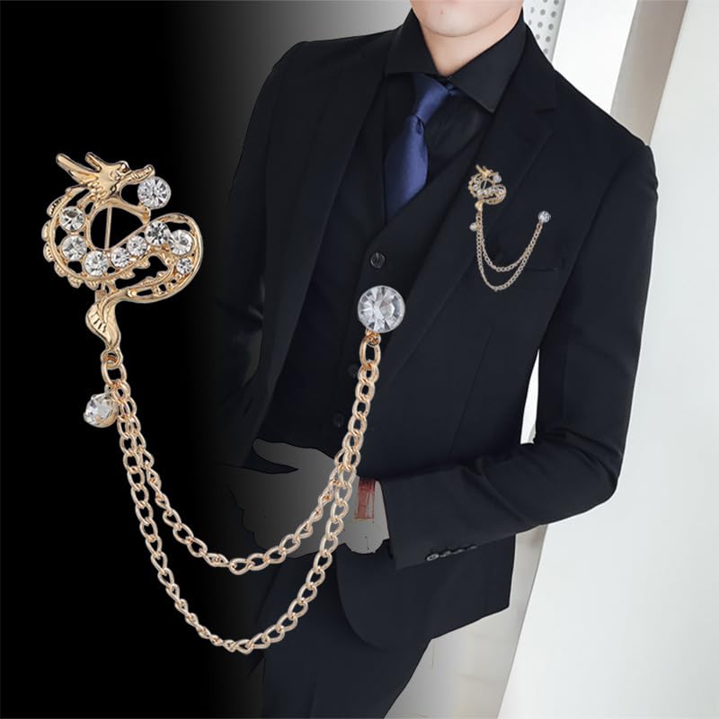 Image of coadipress Dragon With Hanging Chain Brooch Pin for Women Men Rhinestone Crystal Dragon Animal Collar Pins Suit Shirt Lapel Pin Fashion Jewelry