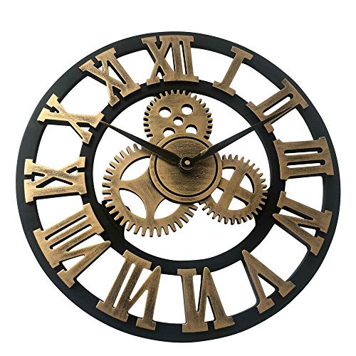 SHIOUCY 3D Vintage Wall Clock, Handmade Roman Numeral Wall Watches Industrial Gear European Retro Clocks Decoration for Living Room Restaurant Office Bar Kitchen Study Clothing Store 40CM (Gold)