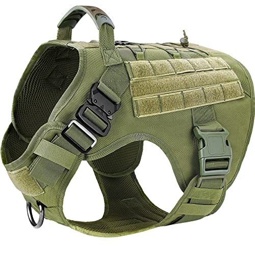 FunTags Taktisches Hundegeschirr, große Militär-Hundeweste mit 2 Metallschnallen und Clip ohne Ziehen, Haken und Schlaufen-Panel auf K9 Arbeitshund, MOLLE-Weste mit Griff, Größe L, Militärgrün Cover