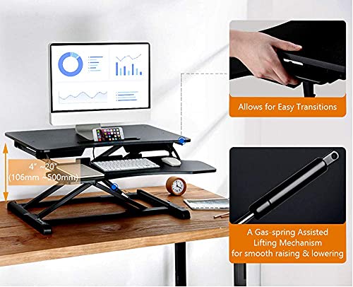 PrimeCables 32 inch Height Adjustable Sit Standing Desk Converter Dual Monitor and Laptop Riser Workstation (Black, Manual)