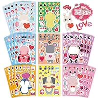 32 Sheets Valentine Stickers for Kids, Valentines Crafts Heart Love Sticker Make a Face Stickers, Make Your Own Animal Stickers Valentines Gifts for Kids Classroom Valentine Goodie Bags Party Favors