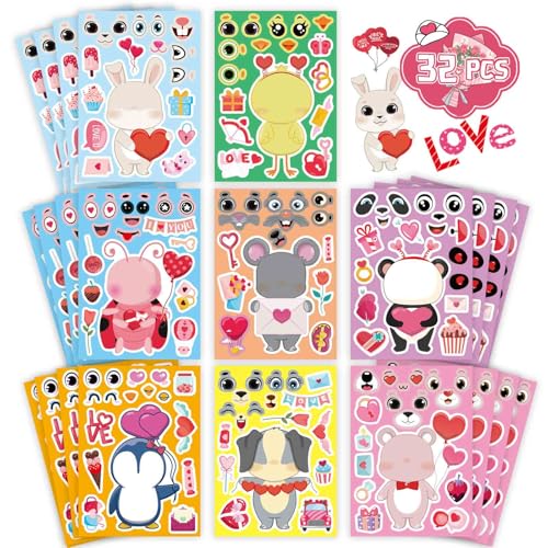 32 Sheets Valentine Stickers for Kids, Valentines Crafts Heart Love Sticker Make a Face Stickers, Make Your Own Animal Stickers Valentines Gifts for Kids Classroom Valentine Goodie Bags Party Favors