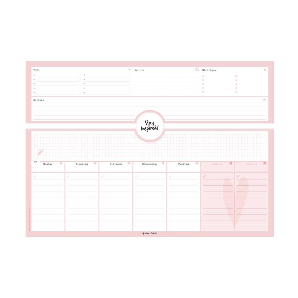 Schreibtischunterlage in pink/rosa aus Papier mit 50 Blatt zum Abreißen –im Format DIN A3 -Für Kinder und Erwachsene – Abrissplaner mit Wochenplaner ... 2023 – Stay Inspired by Lisa Wirth
