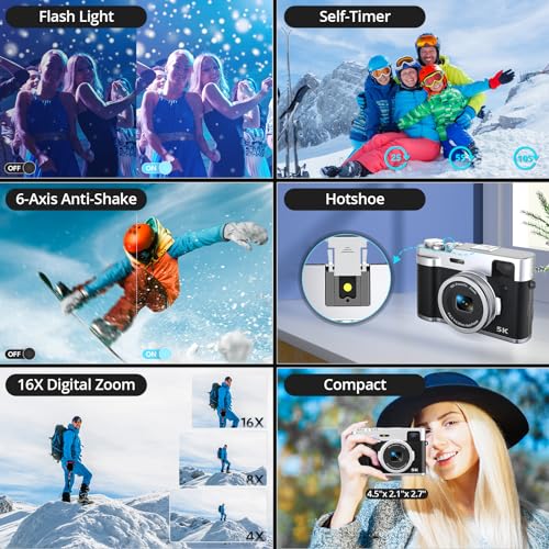 5K Digital Camera for Photography with Front and Rear Lens, Autofocus Vlogging Camera for YouTube with Viewfinder, 16X Digital Zoom, Anti-Shake Point Shoot Compact Camera with 32GB Card - Image 6