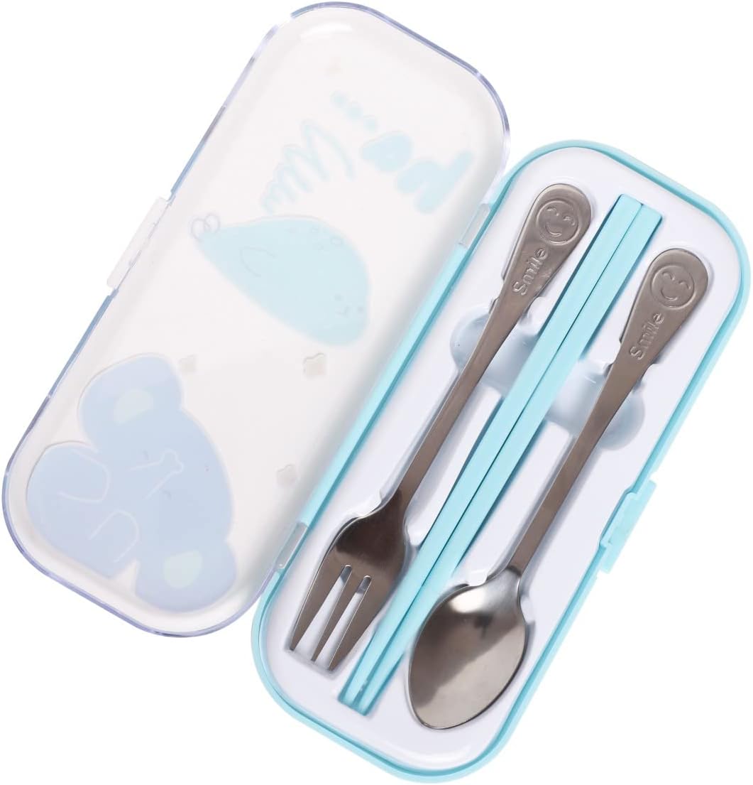 CherryBox Cartoon Print Spoon, Fork & Chopsticks Cutlery Set for Kids with Case (Blue)