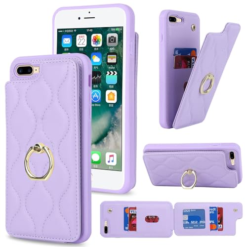 Image of for iPhone 7 Plus / 8 Plus Case with Card Holder,Credit Card Holder,Stand Ring Kickstand and RFID Blocking,Shockproof Phone Wallet Cover for Women and Girls(5.5 inch,Purple Plaid)