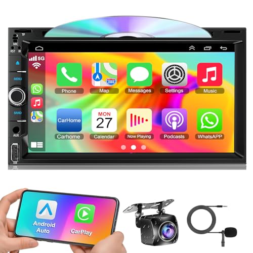 Double Din Car Radio Stereo with 7-Inch Touch Screen, Support CD/DVD Player,Wireless&Wired CarPlay/Android Auto, Bluetooth 5.2, Backup Camera Included, USB/TF/AUX, FM/AM Radio, EQ