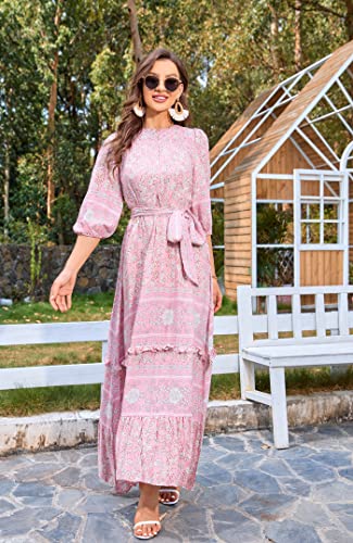 Image of Women Boho High-Waist Floral Print Maxi Dress 3 /4 Sleeve Casual | Soft Rayon, Breathable, Quick-Dry. High-Waist with Adjustable Belt, Flattering Hem. Ideal for Beach, Work & Dating.
