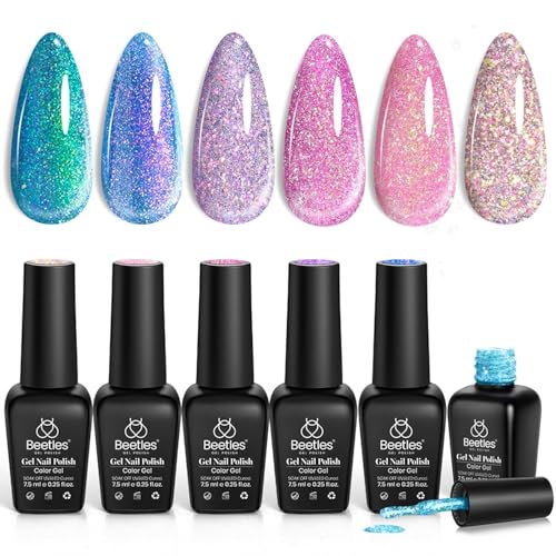 Beetles Chameleon Gel Nail Polish Set- 6 Colors Sparkle Pink Purple Blue Glitter Gel Polish Kit Chameleon Crushed Diamond Multifunction Soak off Uv Nail Gel DIY Manicure Spring Gift for Women