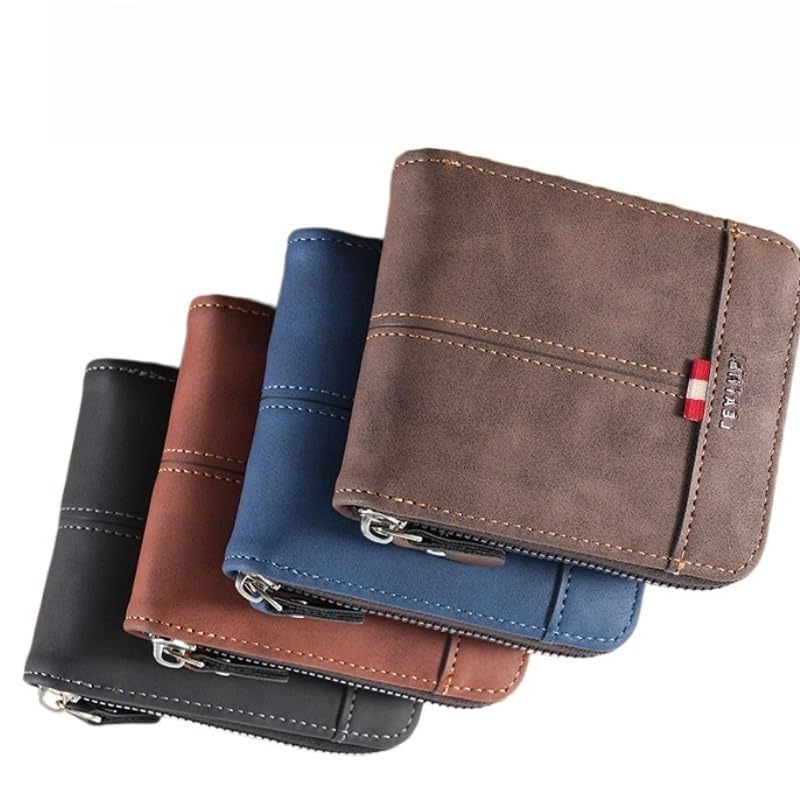 Carteira Masculina de Couro com Zíper Multifuncional Porta Cartões Cédulas Moedas e Documento Design Vintage Slim para Presente(Cor aleatória)