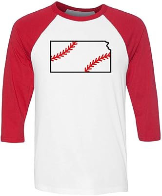 TeesAndTankYou State Shape Baseball Kansas Three-Quarter Raglan Sleeve Baseball Shirt Unisex Small White/Red