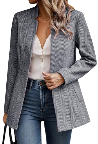 Adigau Tweed Blazer Damen Modischer Blazer im Fischgrätenmuster Business-Outfits Elegante Herbstjacken Winter Kostüme für Damen Grau L