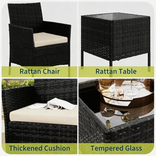 Image of GAOMON 3-Piece Patio Bistro Conversation Set, PE Rattan Wicker Outdoor Furniture - 2 Cushioned Chairs & Tempered Glass Coffee Table - All-Weather for Balcony /Porch /Yard - Black /Grey /Brown & Beige