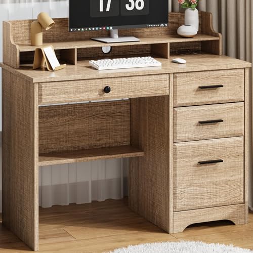 4 EVER WINNER Computer Desk with Drawers and Hutch, 44 Inch Home Office Desk, Writing Desk with Monitor Stand - Ideal for Bedroom, Kids, Small Spaces (Grey)