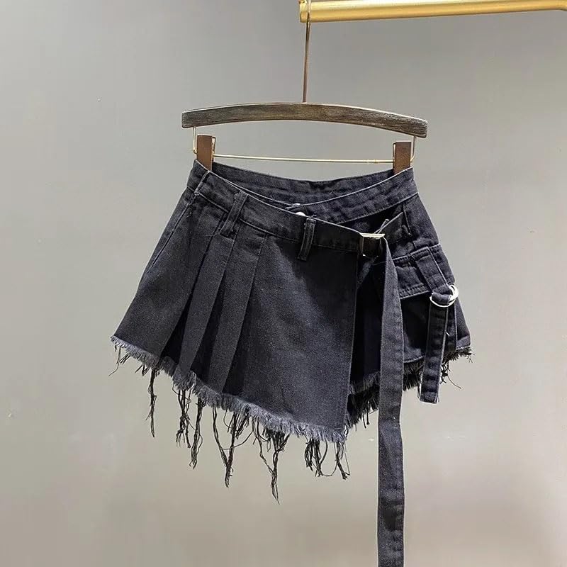 Women's Denim Skirts Patchwork Pleated Asymmetric Burrs Edge Washed Super Short Skirts3