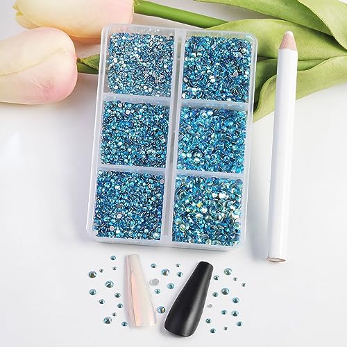 Image of Beadsland Flatback Rhinestones, Aquamarine AB, 7200pcs Mixed 6 Sizes | Glass Nail Gems, Round Crystal, With Wax Pencil Kit, SS3-SS10, Blue AB