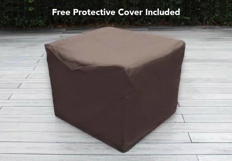 Brown protective cover placed over the Ohana Depot fire pit table, indicating storage or protection from elements.