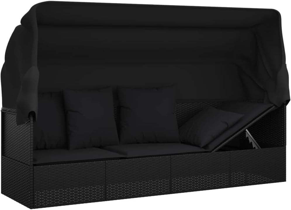 Beach Pool Lounge Camping Chairs daybedsPatio Lounge Bed with Roof and Cushions Black Poly RattanDesigned for Patio, Garden, Outdoor Pool, Camping.