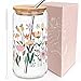 JOYMIA Floral Glass Cups with Lids and Straws – 16oz Wildflower Glass Can, Cute Coffee Tumbler for Home & Office,Reusable Straw – Perfect Flower Girl Cup & Gifts for Women