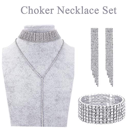 3 Pieces Women Rhinestone Jewelry Set Rhinestone Tassel Choker Necklace Fringe Bracelet Crystal Dangling Earring For Wedding Bridal Party (Silver) #TOP1
