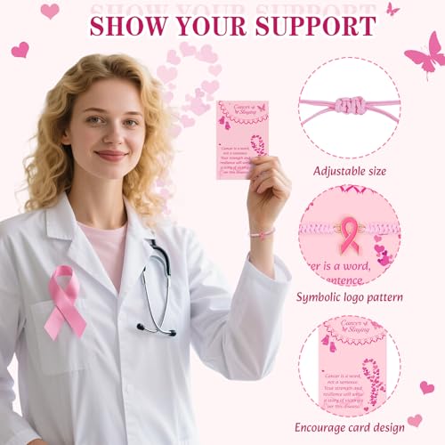 LUYI 24 Set Breast Cancer Awareness Bracelets with Card Adjustable Cord Pink Ribbon Braided Bracelets Breast Cancer Awareness Accessories Party Favors Items Gifts for Women3